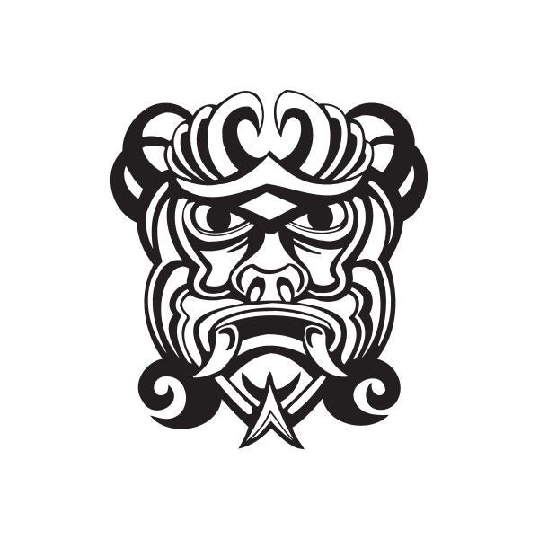 Stylized tiki face decal in black and white, with curled headdress and central emblem