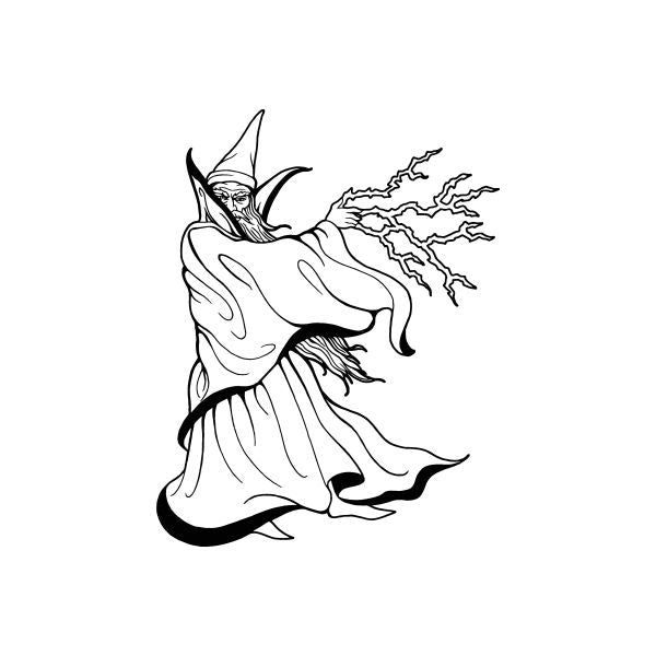 Wizard decal of hooded sorcerer with flowing robe and lightning bolts, black outline