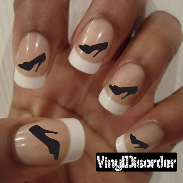 Fingernail art stickers: black shoe icons on white French-tip nails
