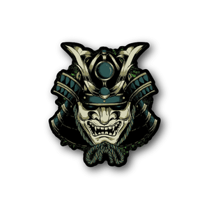 Shogun warrior mask vinyl sticker with horned helmet and teal gem