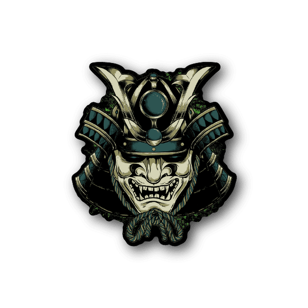 Shogun warrior mask vinyl sticker with horned helmet and teal gem