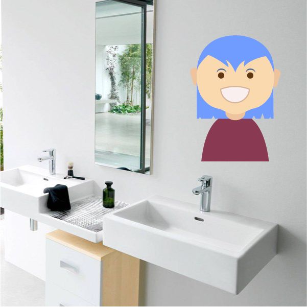 Cartoon girl head sticker with blue hair and maroon shirt
