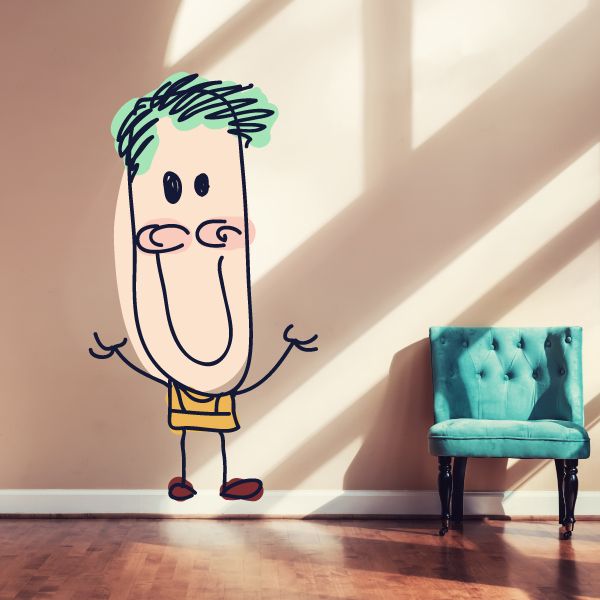 Cartoon boy sticker with short brown hair, yellow shirt, and red shoes