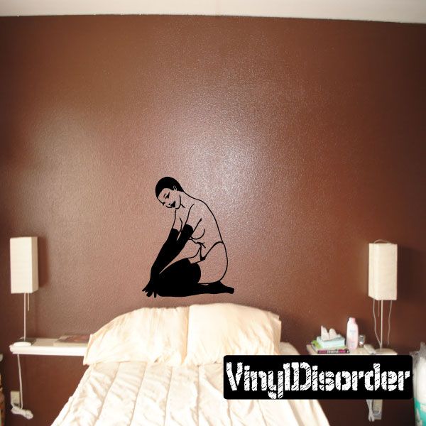 Woman sitting pose decal in short hair, black nylons and gloves