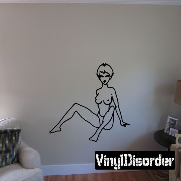 Wall decal line art of a woman sitting up, arms on lap, black outline