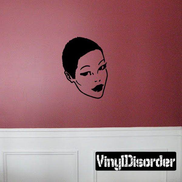 Woman head decal with short black hair and smiling face