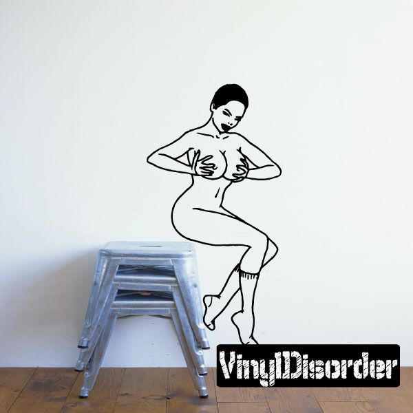 Woman decal with short hair, seated pose, wearing socks, black outline