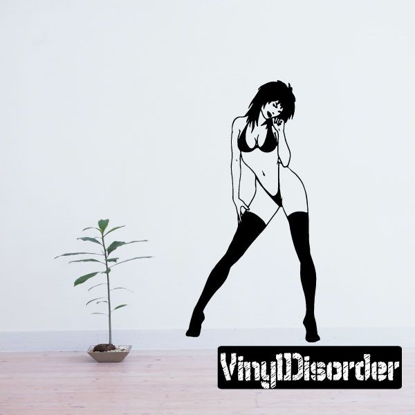 Pinup woman wall decal: short-haired figure in black thigh-high stockings and corset