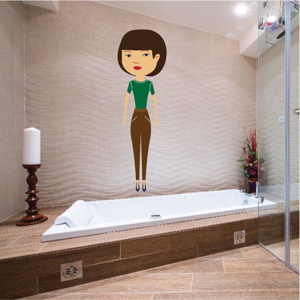 Short-haired brunette mom wall sticker with cartoon figure wearing green top