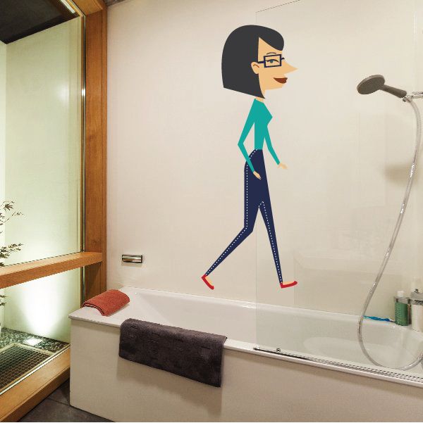 Walking mom sticker: cartoon woman with dark hair, glasses, teal top, navy pants, red shoes
