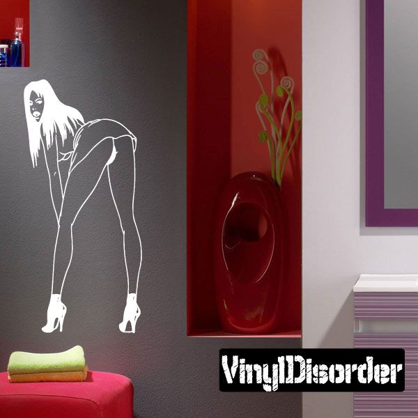 Short skirt stripper vinyl decal, white outline woman in high heels