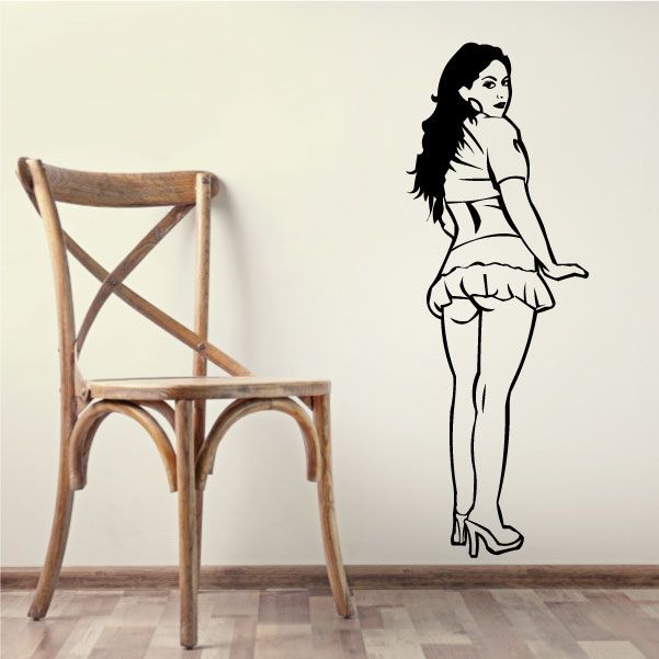 Woman short skirt wall decal, black silhouette with high heels and ruffled hem