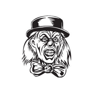 Clown head decal with short top hat, black-and-white laughing face