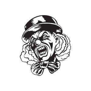 Clown face decal with short top hat and bow tie, black-and-white graphic