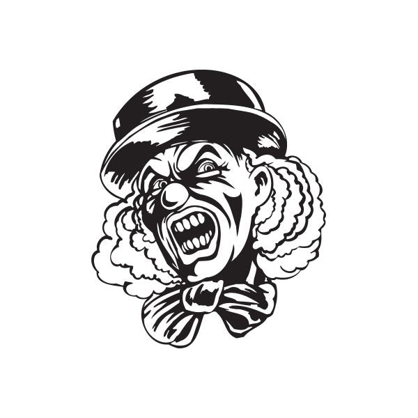 Clown face decal with short top hat and bow tie, black-and-white graphic