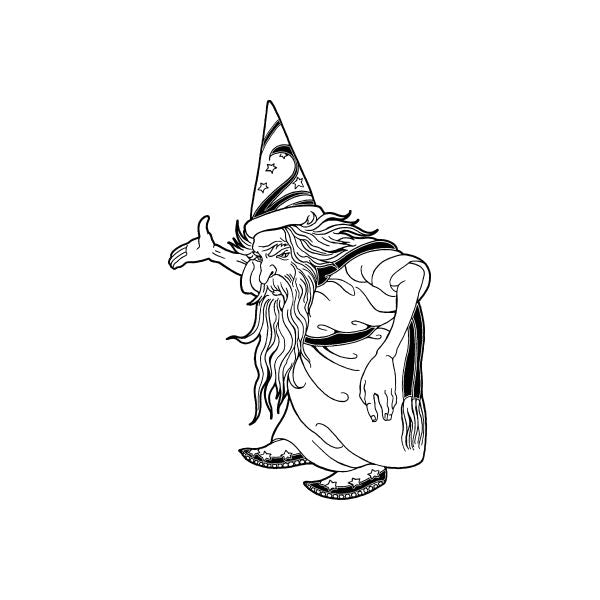Short wizard decal with pointed hat, long beard, and raised hand, black line art