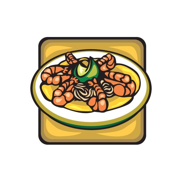 Shrimp plate sticker with orange shrimp and green avocado slice, outlined on square badge