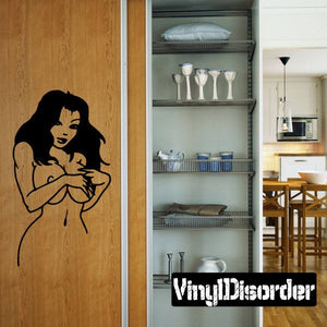 Black vinyl woman decal, silhouette of shy figure holding hands