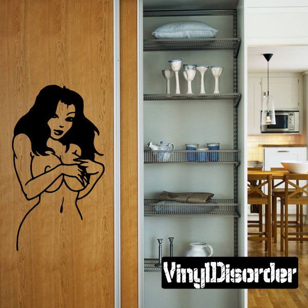 Black vinyl woman decal, silhouette of shy figure holding hands