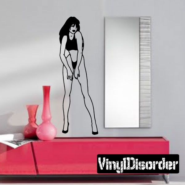 Woman bikini decal, black silhouette of shy stance with swimsuit outline
