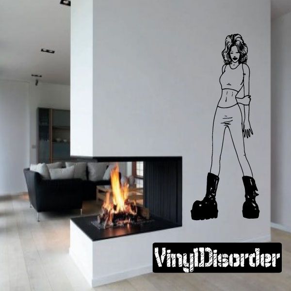Wall decal of a shy woman holding hands, long hair, wearing black boots