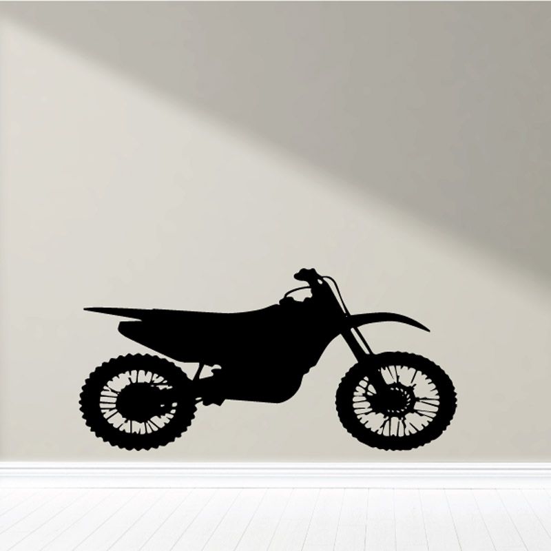 Dirt bike side decal, black silhouette with white-spoked wheels and front fork