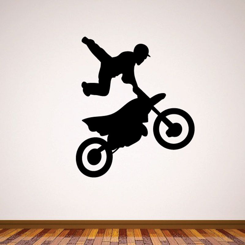 Black motocross dirt bike jump decal with rider silhouette