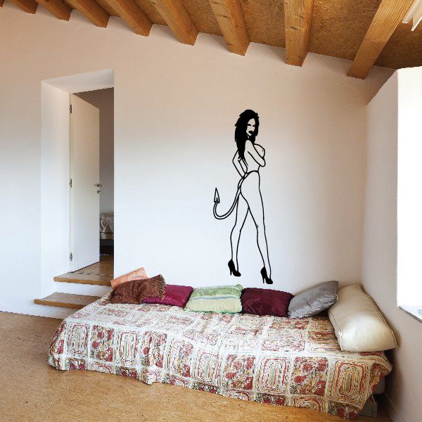 Standing devil girl wall decal, black outline silhouette with pointed horns and tail