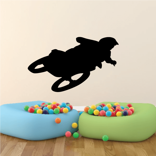 Black dirt bike decal silhouette, side view on wheels