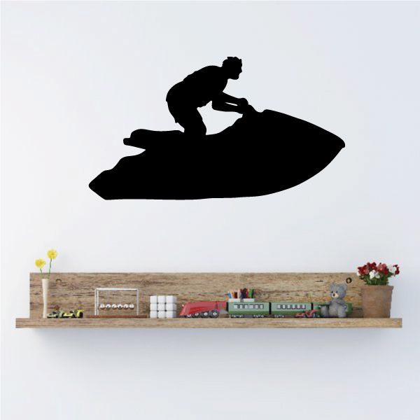 Jet ski rider silhouette decal in black, side view of rider on personal watercraft