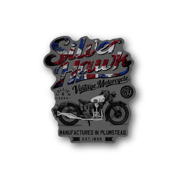 Vintage motorcycle vinyl sticker with colorful lettering and motorcycle graphic