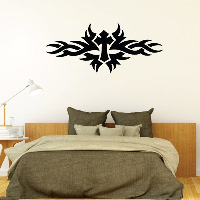 Image of Simple Cross with Tribal Flames Decal