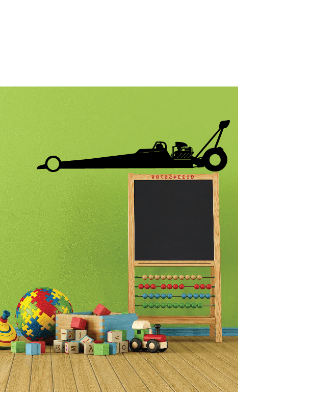 Dragster decal graphic with long racing vehicle silhouette and wheels