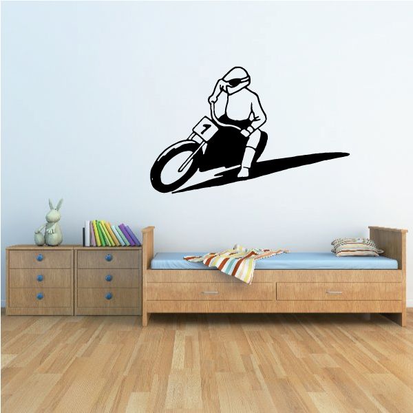 Motorcycle racer wall decal with black outline and sweeping track line