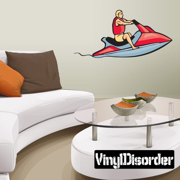 Jet skier sticker with rider on red and blue watercraft, cartoon graphic