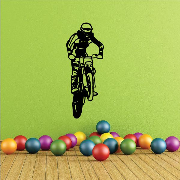 Black dirt bike rider vinyl decal with front-wheel bike silhouette