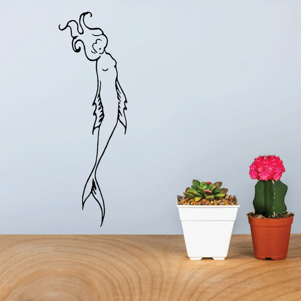 Black mermaid outline wall decal with flowing hair and tail