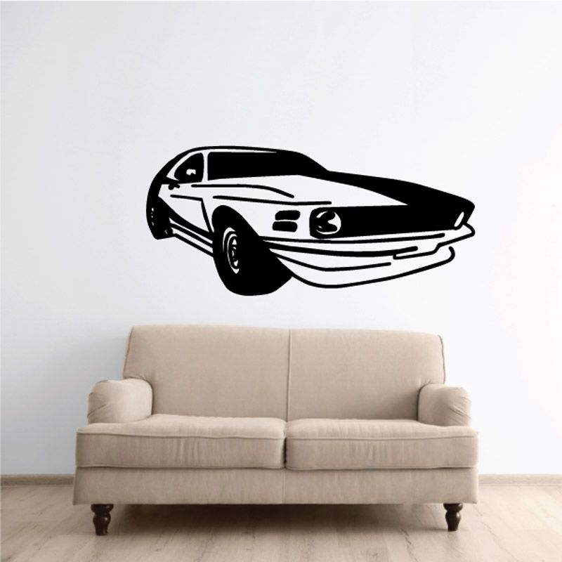 Black-and-white Mustang car decal sticker with side profile and front grille