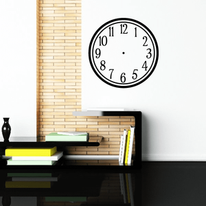 Round clock face wall decal with black numerals and center dot on white circle