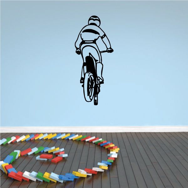 Dirt bike rider decal with black outline, front wheel centered