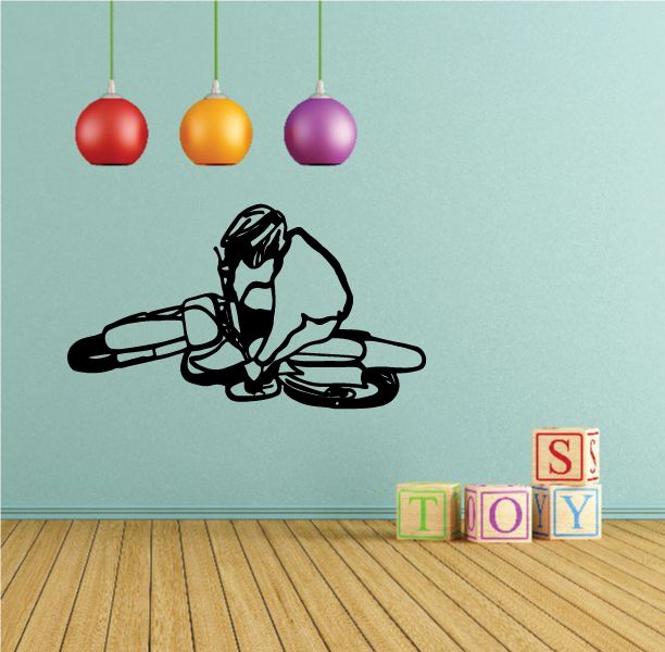 Black and white dirt bike rider wall decal with helmeted rider on bike