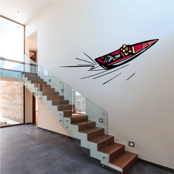 Speedboat sticker with red and black cartoon boat and motion lines