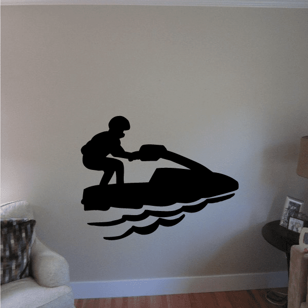 Jet ski decal with black silhouette of rider and waves