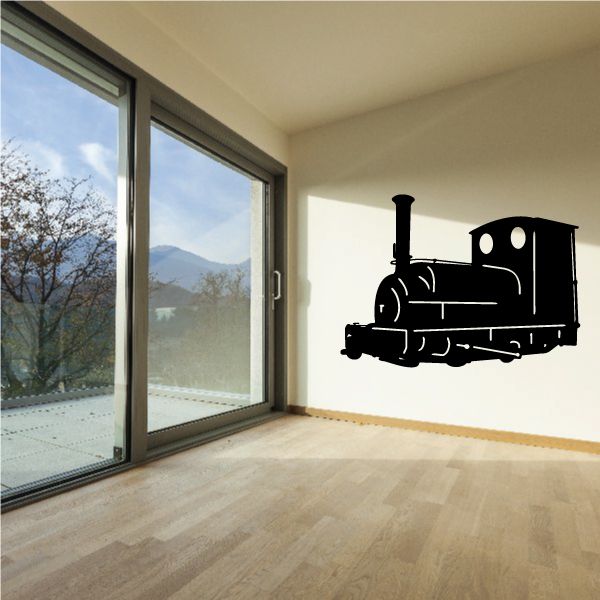 Train engine wall decal, black locomotive silhouette with smokestack and wheels.
