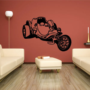 Motor trike wall decal, black outline illustration with rider and handlebars
