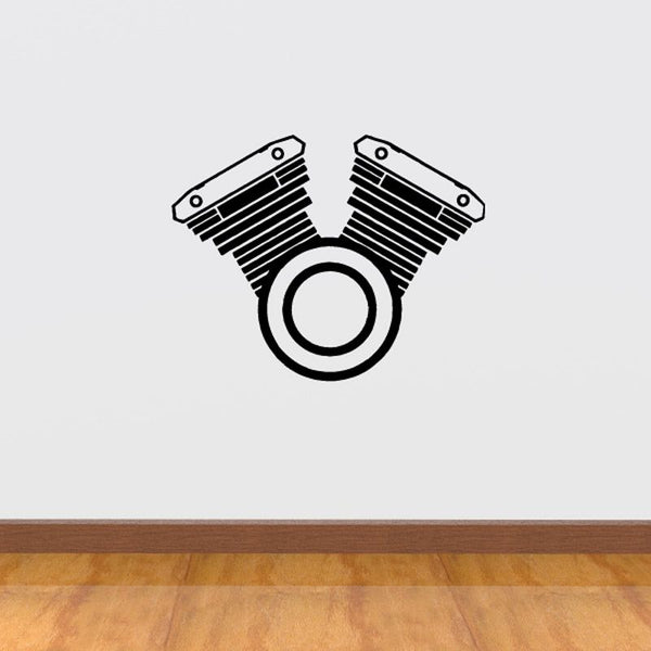 V-twin motorcycle engine decal with black cylinder and fins graphic