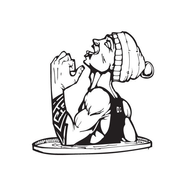 Black-and-white gangster vinyl decal of person holding microphone on platform