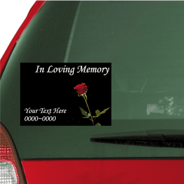 Memorial sticker: black square with red rose, 'In Loving Memory' and text lines