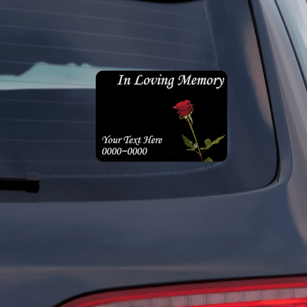 Custom memorial sticker with red rose, 'In Loving Memory' and 'Your Text Here'.