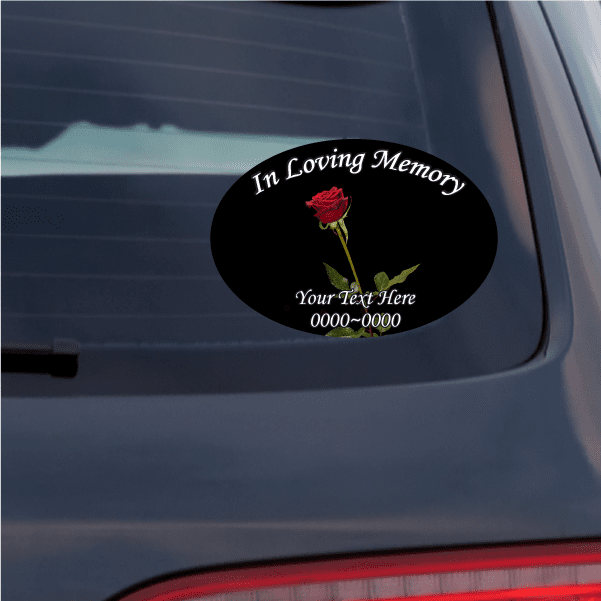 Oval black memorial sticker with red rose and 'In Loving Memory'/'Your Text Here'.